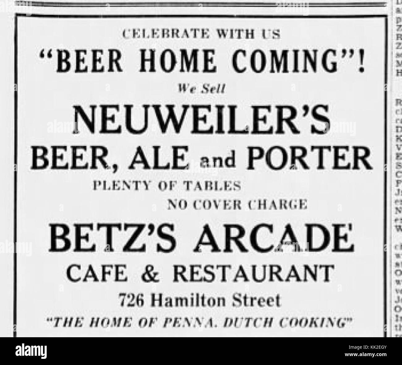 Una fotografia storica del Bet's Arcade Cafe and Restaurant di Allentown, Pennsylvania, dal 6 aprile 1933, che fornisce uno sguardo sulla cultura culinaria americana durante i primi anni del XX secolo. Foto Stock