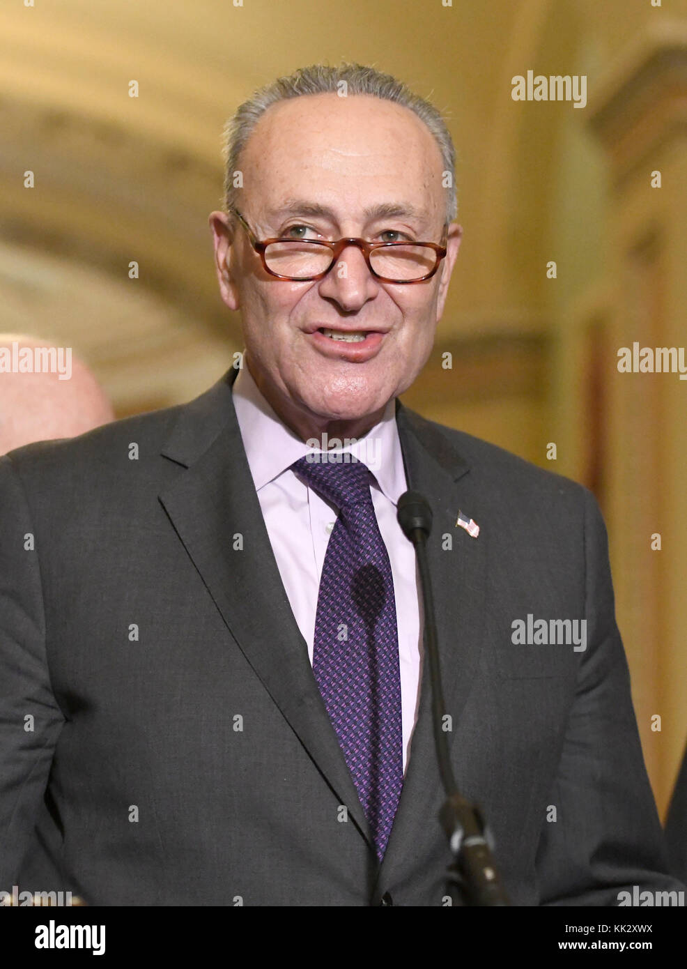 Il leader Della Minoranza del Senato degli Stati Uniti Chuck Schumer (democratico di New York) incontra i giornalisti dopo il pranzo settimanale del Partito democratico del Senato degli Stati Uniti al Campidoglio a Washington, DC martedì 28 novembre 2017. Credito: Ron Sachs/CNP /MediaPunch Foto Stock