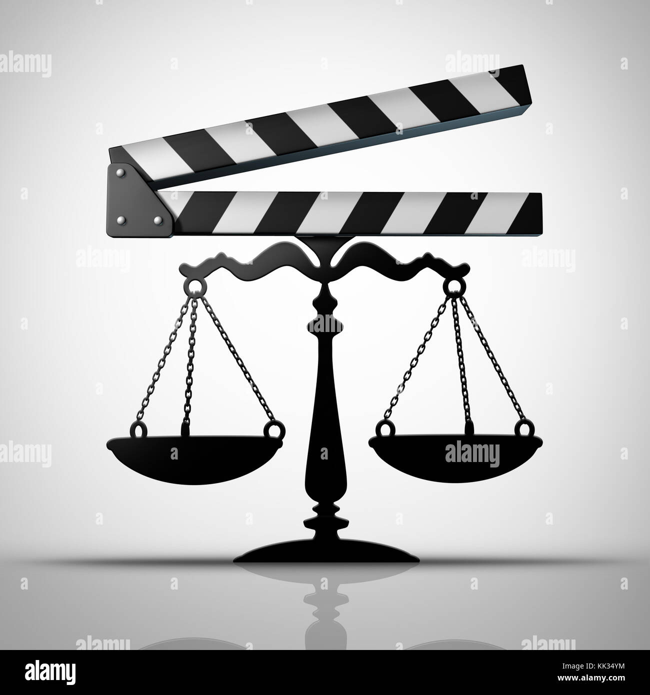 Diritto di intrattenimento e media della giustizia o della tv e dei film di negoziazione del contratto come una industria cinematografica slateboard o film slate conformata come una scala di giustizia. Foto Stock