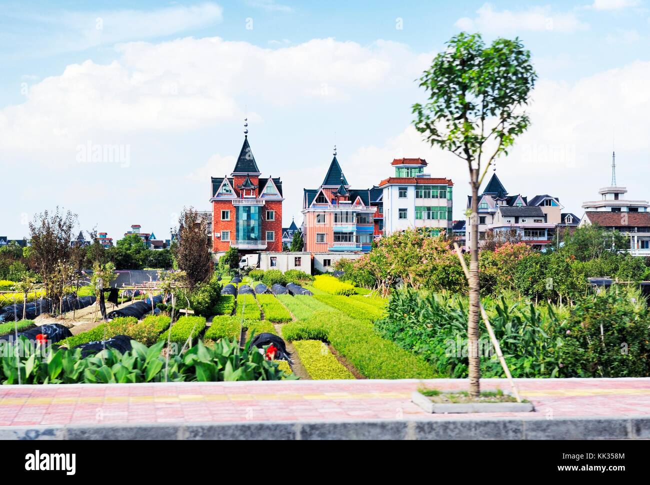 Hangzhou, Cina. Tipiche fattorie cinesi moderne e orti lungo la Huhang Expressway tra Hangzhou e Shanghai Foto Stock