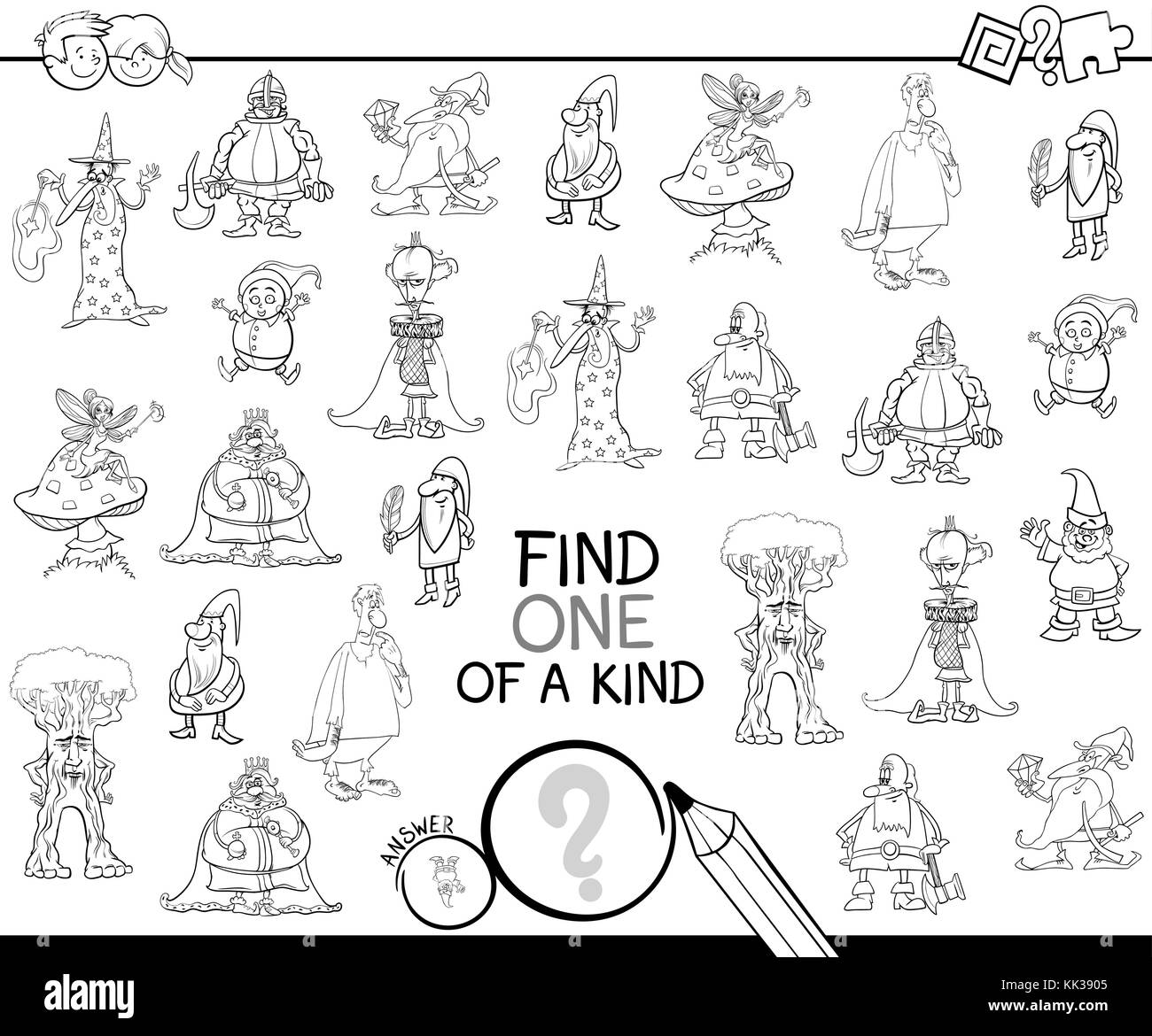 Bianco e nero cartoon illustrazione di trovare un tipo di attività educativa gioco per bambini con personaggi di fantasia libro da colorare Illustrazione Vettoriale