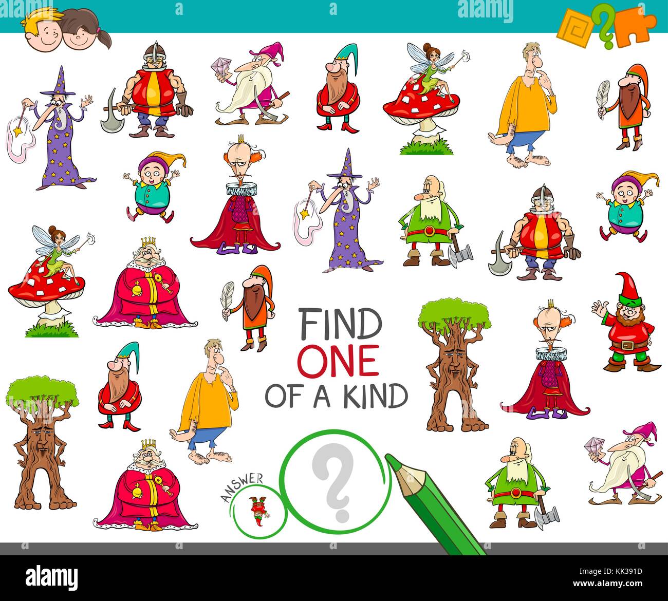 Cartoon illustrazione di trovare un tipo di attività educativa gioco per bambini con personaggi di fantasia Illustrazione Vettoriale