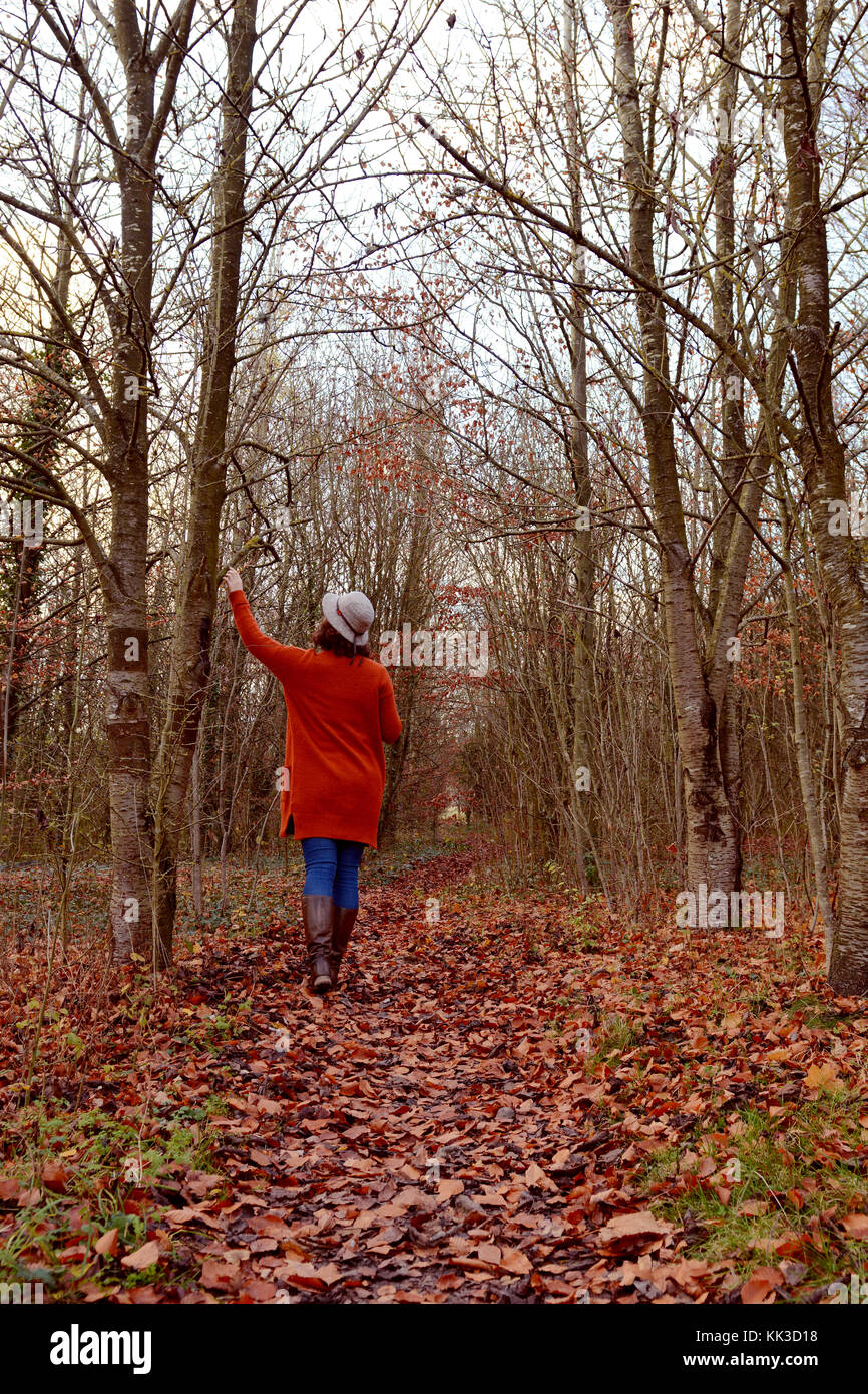 Donna che cammina verso il basso Bosco autunnale percorso da soli, vestito in abiti caldi e hat, con stivali. in uno con la natura, lei raggiunge fino a toccare ba Foto Stock