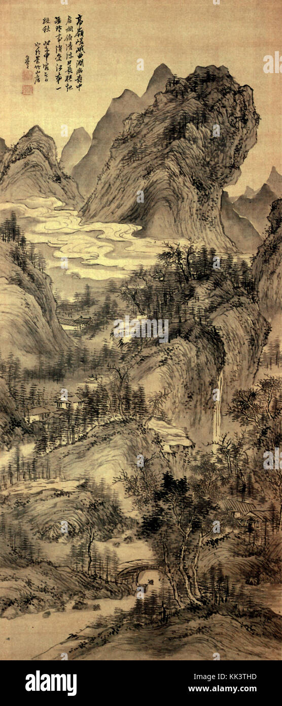 Kinoshita Itsuun Autumn Landscape inchiostro su seta scorrere pensile Foto Stock