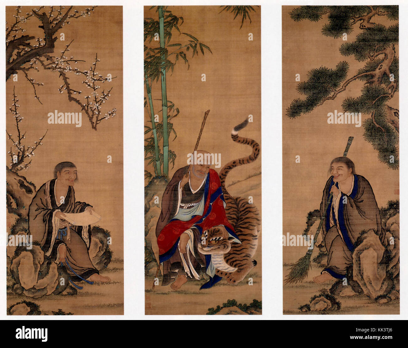 Fengkan Hanshan e Ombra Ueno Jakugen trittico scorre appeso coloe su seta Foto Stock