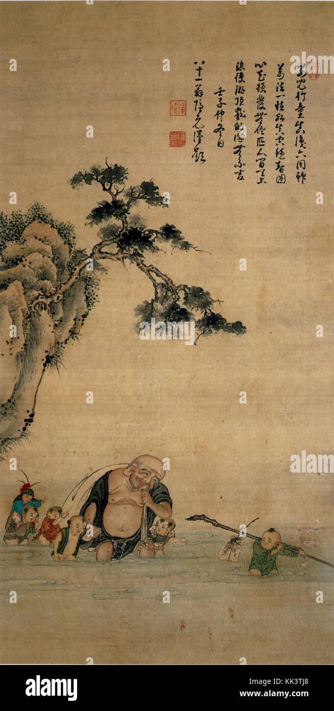 Budai attraversando il fiume attribuito a Watanabe Shuseki scritta da appendere Yinyuan di colore di scorrimento su seta Foto Stock