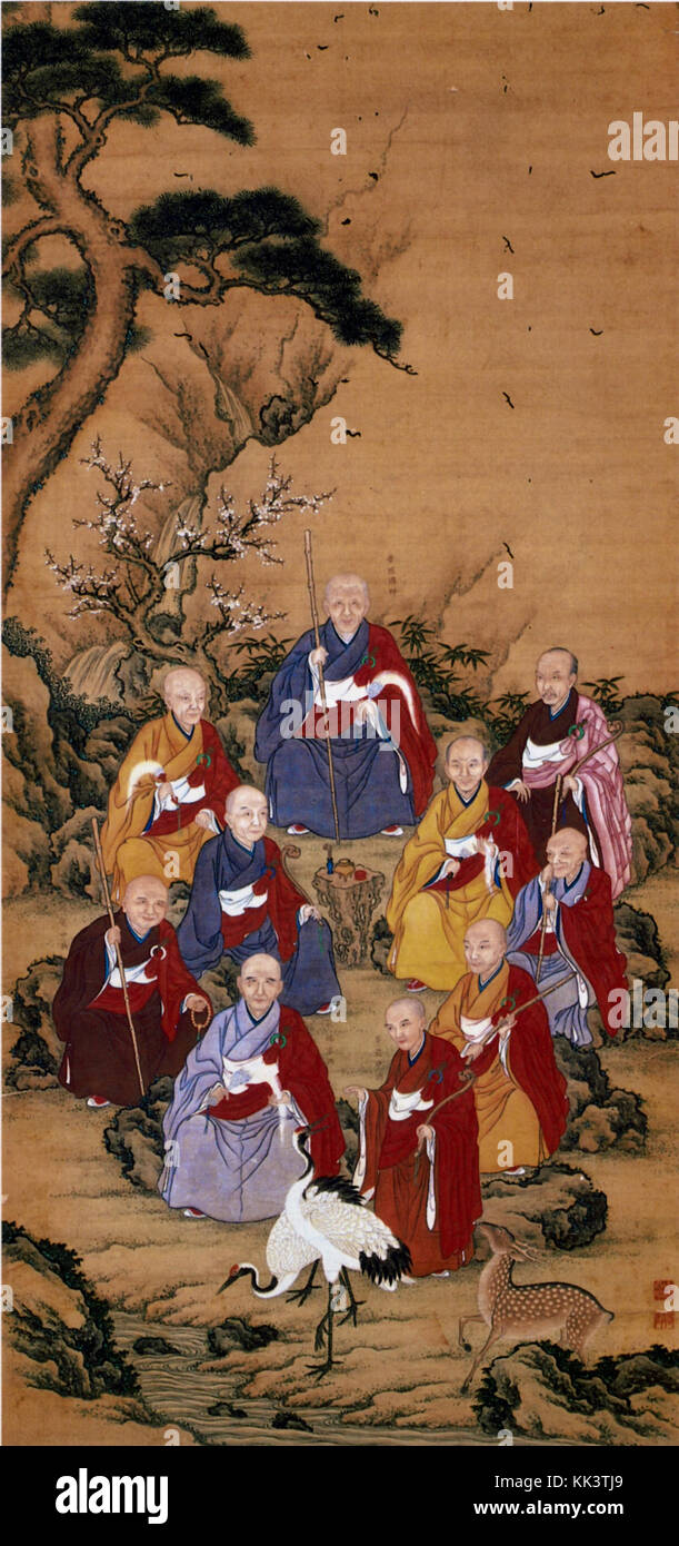 I patriarchi del Buddismo Zen Yamamoto Jakurin appendere colore di scorrimento su seta Kofukuji ji Nagasaki Pref. Foto Stock