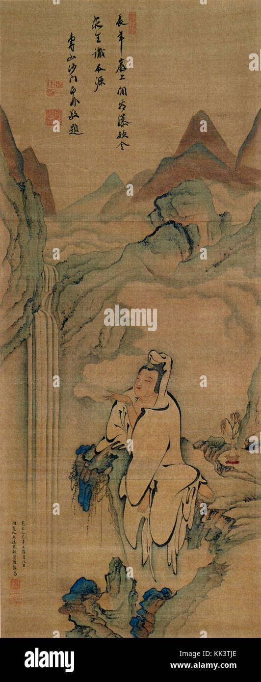 Vestita di bianco di Kannon guardando a cascata Yiran scritta da appendere Jifei colore di scorrimento su seta Nagasaki Museo di Storia e cultura Foto Stock