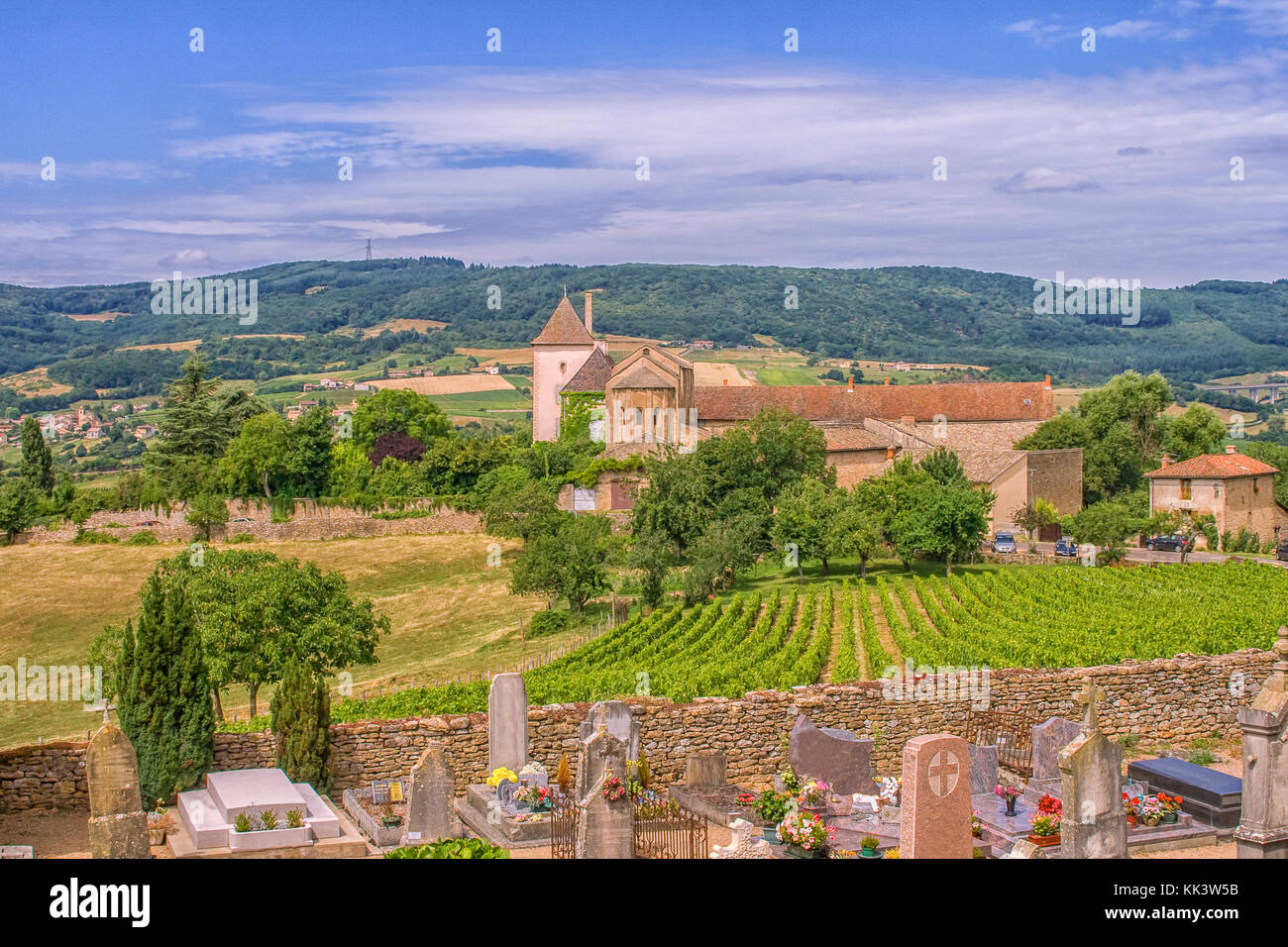 Tipico villaggio francese in Borgogna con vigneti, chiesa e cimitero Foto Stock