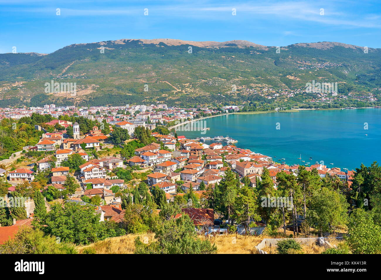 Antenna viev panorama di Ohrid città vecchia, Macedonia Foto Stock