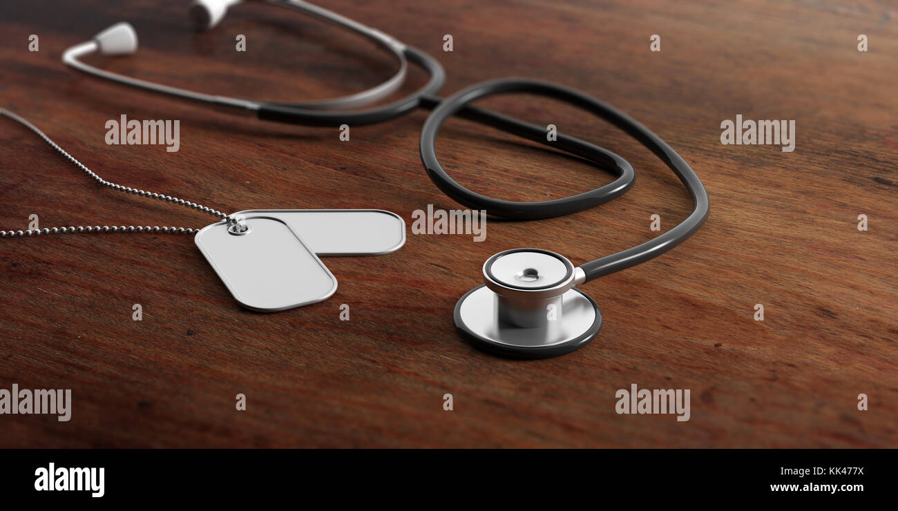 La salute nell'esercito concetto. vuoto le etichette di identificazione e uno stetoscopio su sfondo di legno. 3d illustrazione Foto Stock