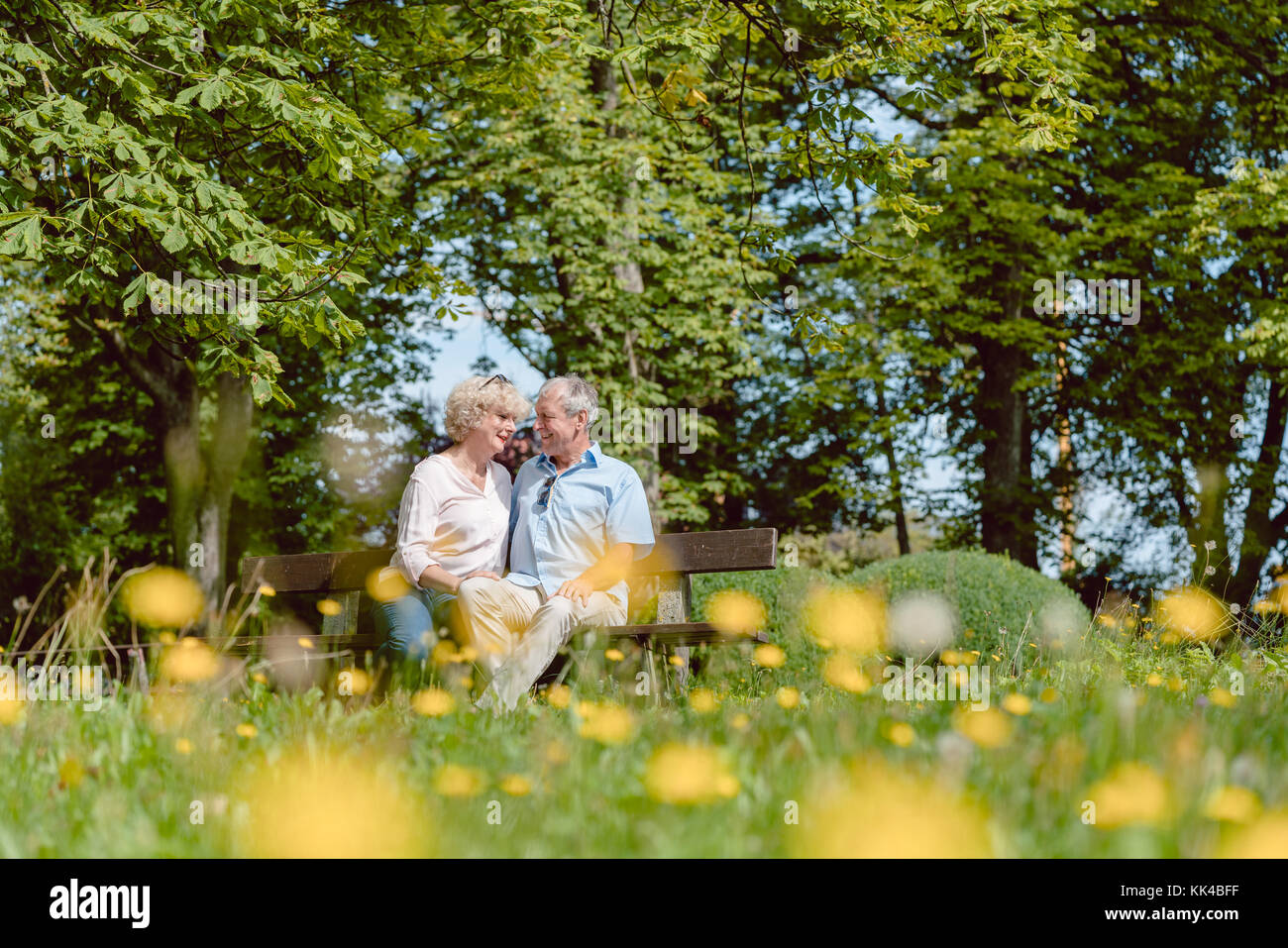 Romantico coppia senior in love dating all'aperto in un idilliaco par Foto Stock
