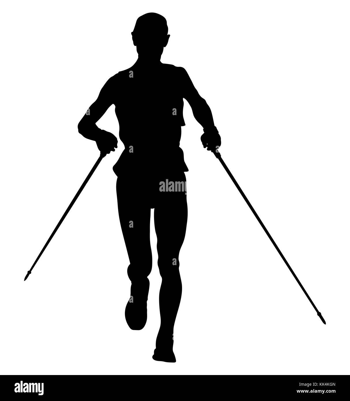 Atleta runner acceso con pali trekking silhouette nera Foto Stock