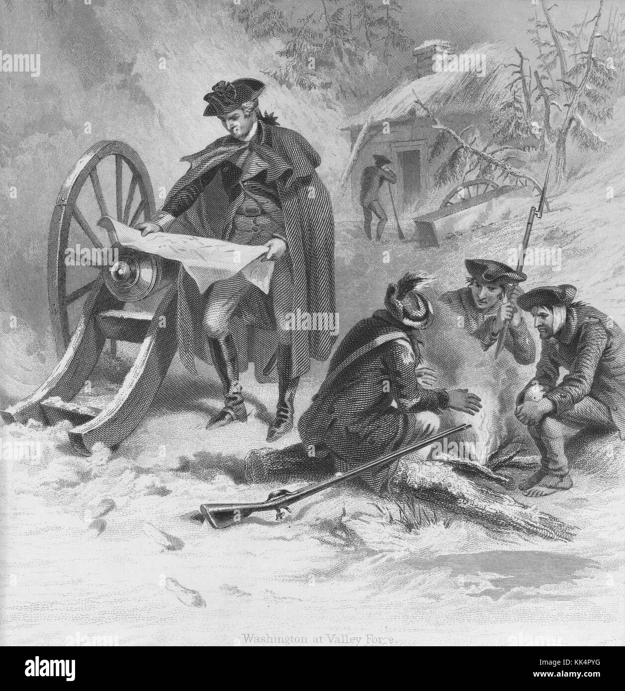 Raffigurazione incisa di soldati fuori al freddo, alcuni seduti intorno a un incendio, uno in piedi guardando una mappa, sullo sfondo un soldato in piedi di fronte a un edificio, con il titolo "Washington at Valley Forge", Valley Forge, Pennsylvania, Washington, DC, 1824. dalla New York Public Library. Foto Stock