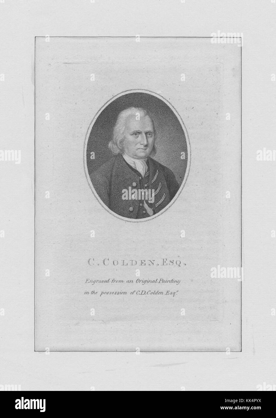 Ritratto inciso di cadwallader colden, un medico, scienziato naturale e un luogotenente governatore per la provincia di new York, 1830. dalla biblioteca pubblica di new york. Foto Stock