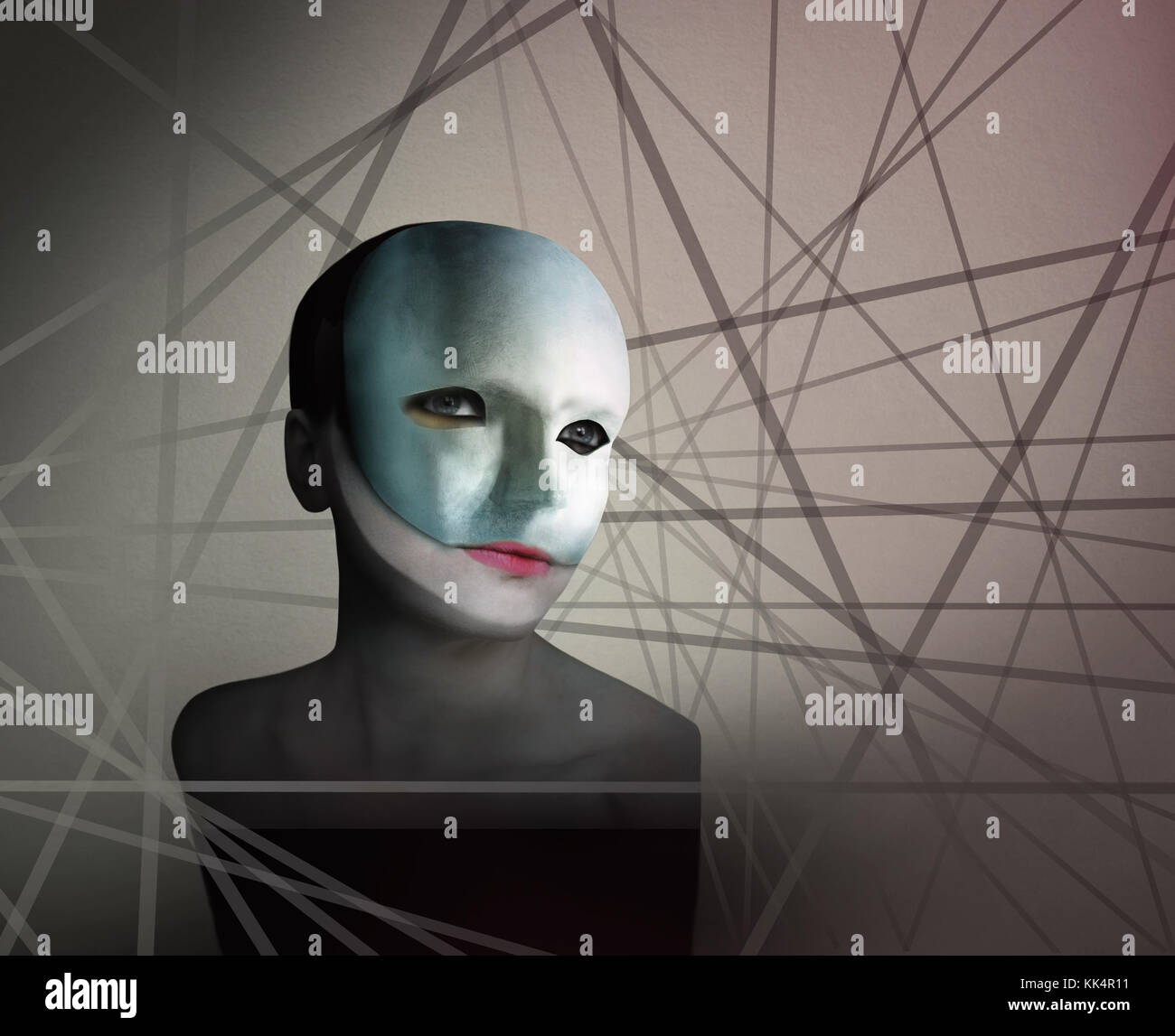 Immagine artistica rappresentano un volto ofa una donna con una maschera in linee di geometria in background Foto Stock