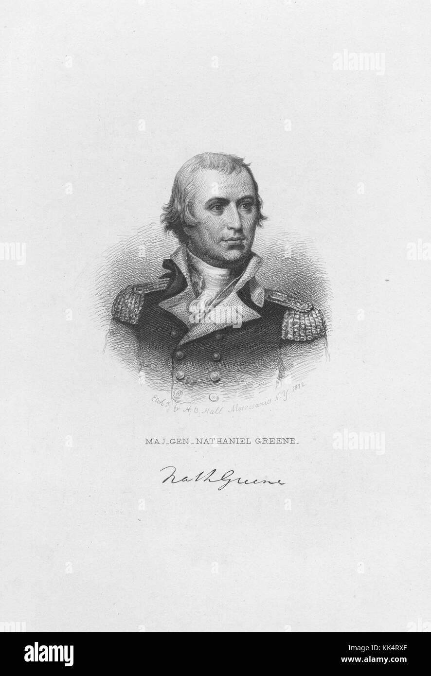 Un'incisione da un ritratto di Nathanael Greene, fu maggiore generale dell'Esercito continentale durante la guerra di indipendenza americana, è ricordato per aver spinto con successo le forze britanniche fuori dalle Caroline, iniziò la guerra come soldato e si fece strada fino a diventare uno degli ufficiali più importanti e affidabili sotto il comando di George Washington, Washington, DC, 1830. Dalla New York Public Library. Foto Stock