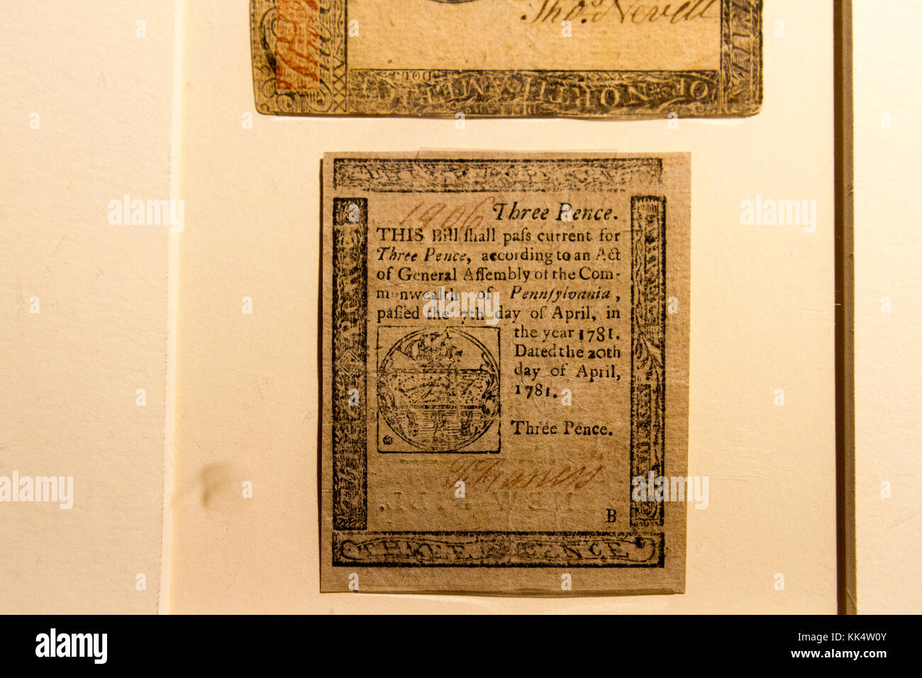 Banconote nel museo sul Mount Vernon Estate, ad Alexandria, Virginia, Stati Uniti d'America. Foto Stock