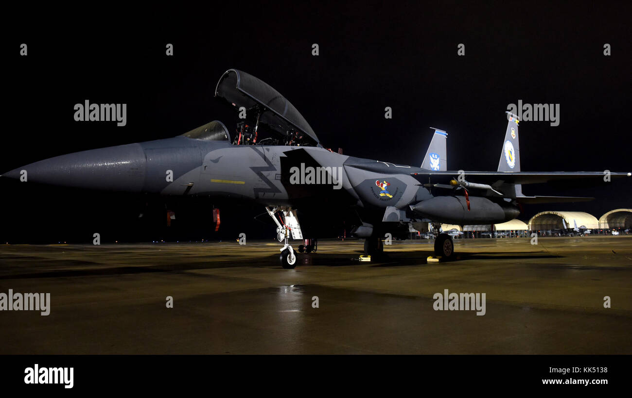 Una quarta Fighter Wing F-15E Strike Eagle heritage schema di verniciatura velivolo è posizionato sulla linea volo di fronte hangar, nov. 8, 2017, presso Seymour Johnson Air Force Base in North Carolina. Lo Strike Eagle è stata dipinta in onore del 4° Fighter Wing il settantacinquesimo anniversario e saranno conservati per un anno. (U.S. Air Force foto di Airman 1. Classe Miranda A. Loera) Foto Stock