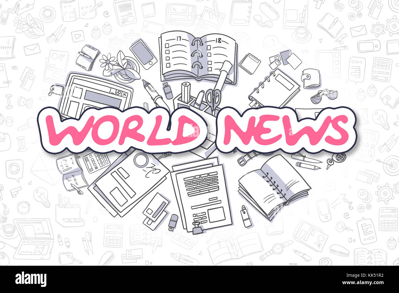 Notizie dal mondo - doodle magenta iscrizione. Foto Stock