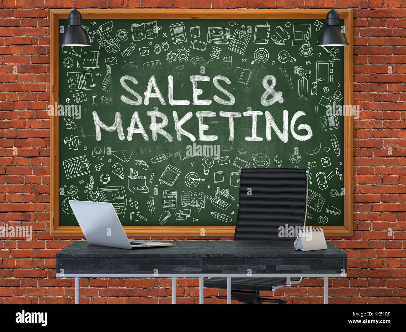 Vendite e marketing. Lavagna con doodle icone. 3d. Foto Stock