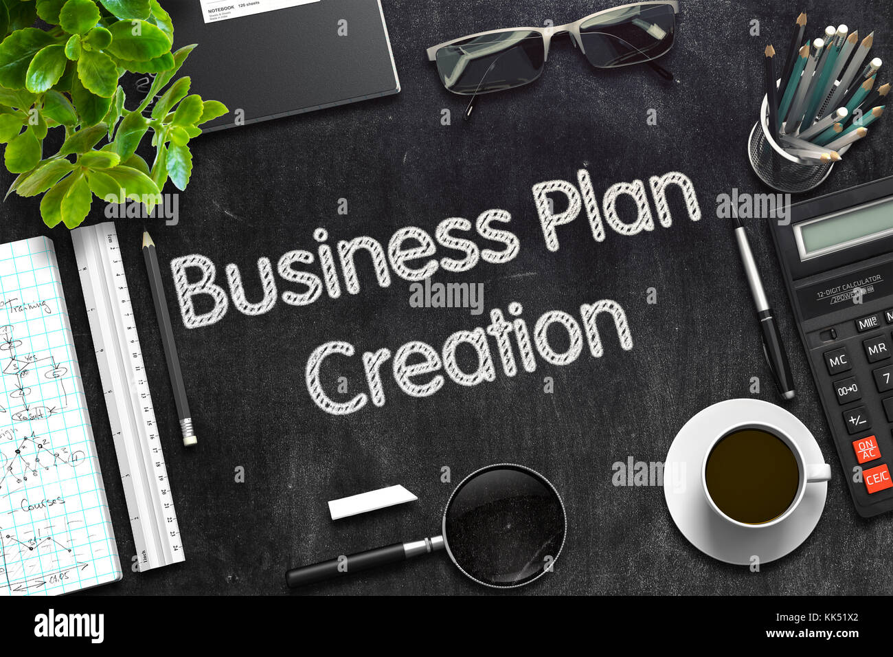 Business plan Creazione sulla lavagna. Il rendering 3d. Foto Stock