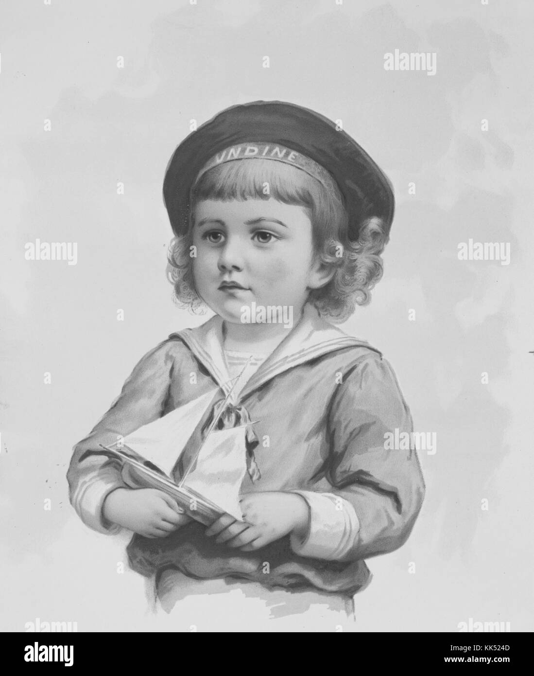 Stampa colorata di una giovane ragazza in un vestito da marinaio, in possesso di una barca a vela giocattolo, intitolata 'Our Young Commodore', di Ida Waugh, pubblicata da L Prang and Company, 1900. Dalla Biblioteca pubblica di New York. Foto Stock