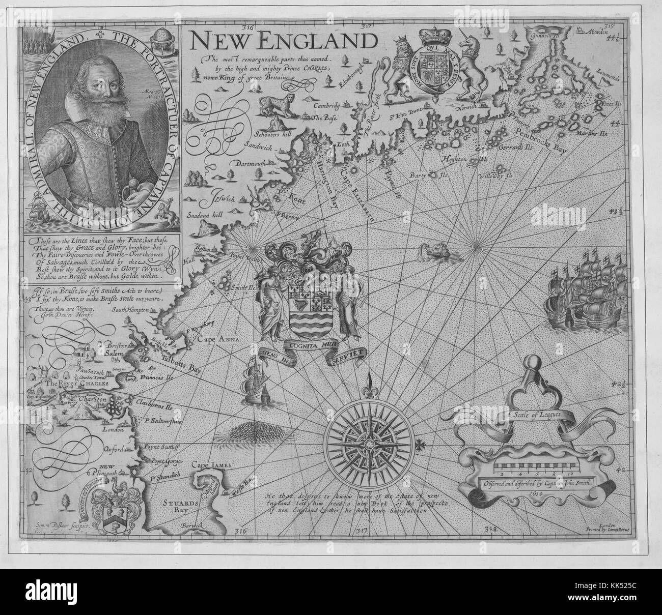 Mappa del New England con ritratto del capitano John Smith, ammiraglio del New England, fu un soldato inglese, esploratore e autore, primo esploratore inglese a mappare l'area della baia di Chesapeake e del New England, che fu anche il cartografo di questa mappa, 1635. Dalla New York Public Library. Foto Stock