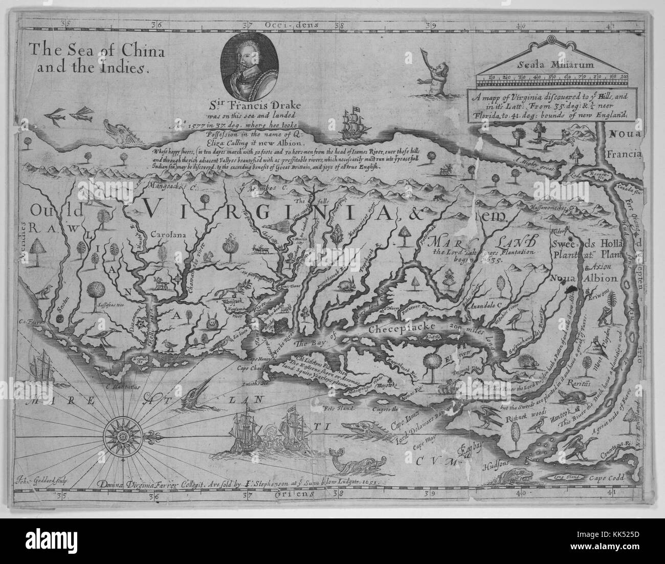 Mappa incisa della Virginia, raffigurante la baia di Chesapeake, l'Oceano Atlantico, e un ritratto di Sir Francis Drake in un inserto in alto, mappa del cartografo John Farrer, incisa da John Goddard, Virginia, 1651. Dalla New York Public Library. Foto Stock