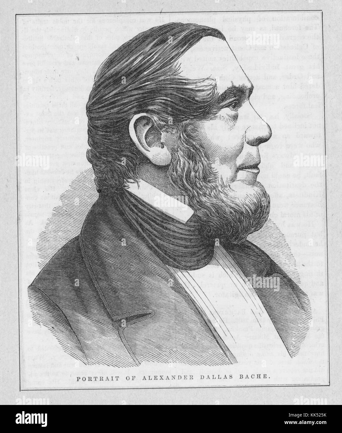 Incisione su legno, ritratto di Alexander Dallas Bache, un fisico americano, scienziato, e di geometra che fece erigere fortificazioni costiere e condotto una indagine dettagliata per mappare il mideastern Stati Uniti costa, nel profilo, 1886. Dalla Biblioteca Pubblica di New York. Foto Stock