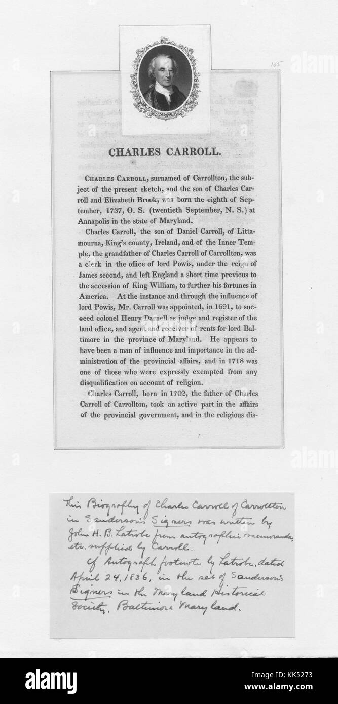 Ritratto inciso di Charles Carroll di Carrollton, un ricco piantatore nel Maryland e primo avvocato dell'indipendenza americana, con testo esplicativo e una nota manoscritta, 1860. Dalla Biblioteca pubblica di New York. Foto Stock