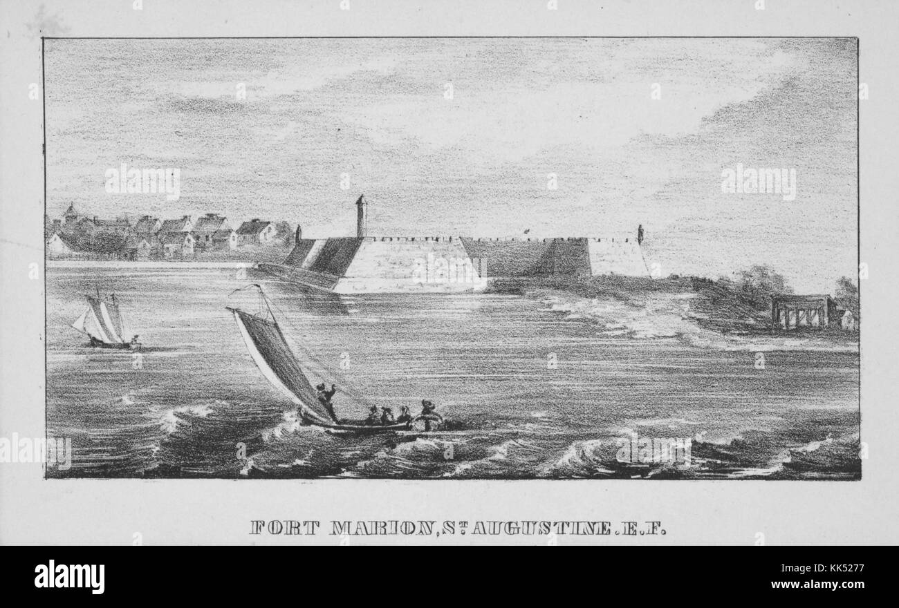 Incisione di navi che navigano oltre Fort Marion, AKA Castillo de San Marcos, il più antico forte in muratura negli Stati Uniti continentali, Saint Augustine, Florida, 1800. Dalla Biblioteca pubblica di New York. Foto Stock