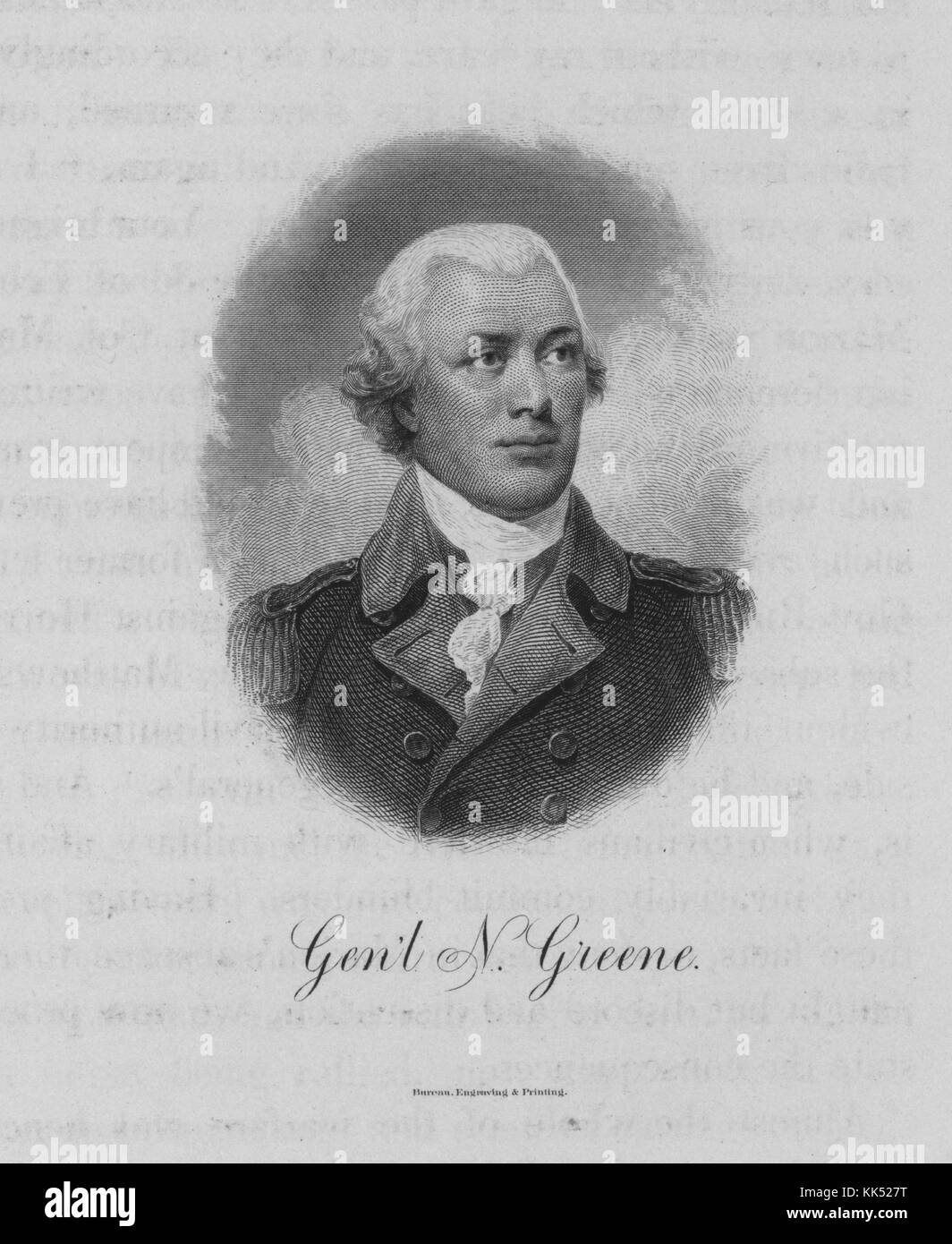 Un'incisione di un ritratto di Nathanael Greene, era un generale maggiore nell'esercito continentale durante la guerra rivoluzionaria americana, è ricordato per aver guidato con successo le forze britanniche fuori dalle Carolinas, Iniziò la guerra come privato e lavorò fino a diventare uno dei più importanti e affidabili ufficiali sotto il comando di George Washington, 1800. Dalla Biblioteca pubblica di New York. Foto Stock
