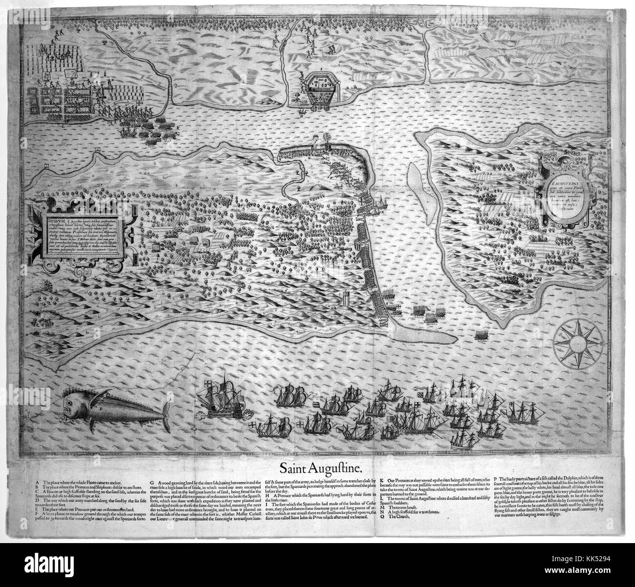 Mappa incisa raffigurante un canale e una baia, e una flottiglia di navi sul fondo, Saint Augustine, Florida, 1588. Dalla New York Public Library. Foto Stock