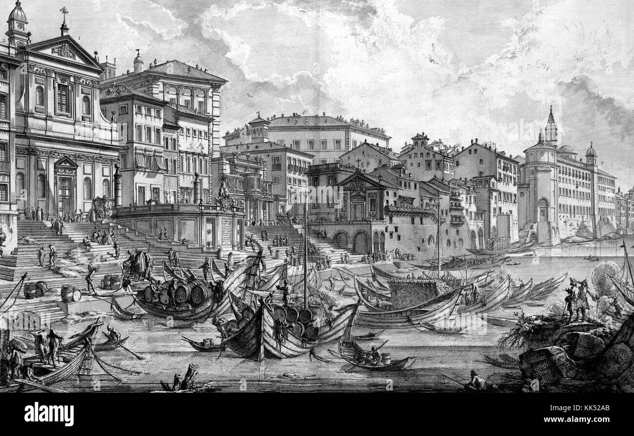 Vista del Porto di Ripetta, Italia, 1749. Dalla Biblioteca pubblica di New York. Foto Stock