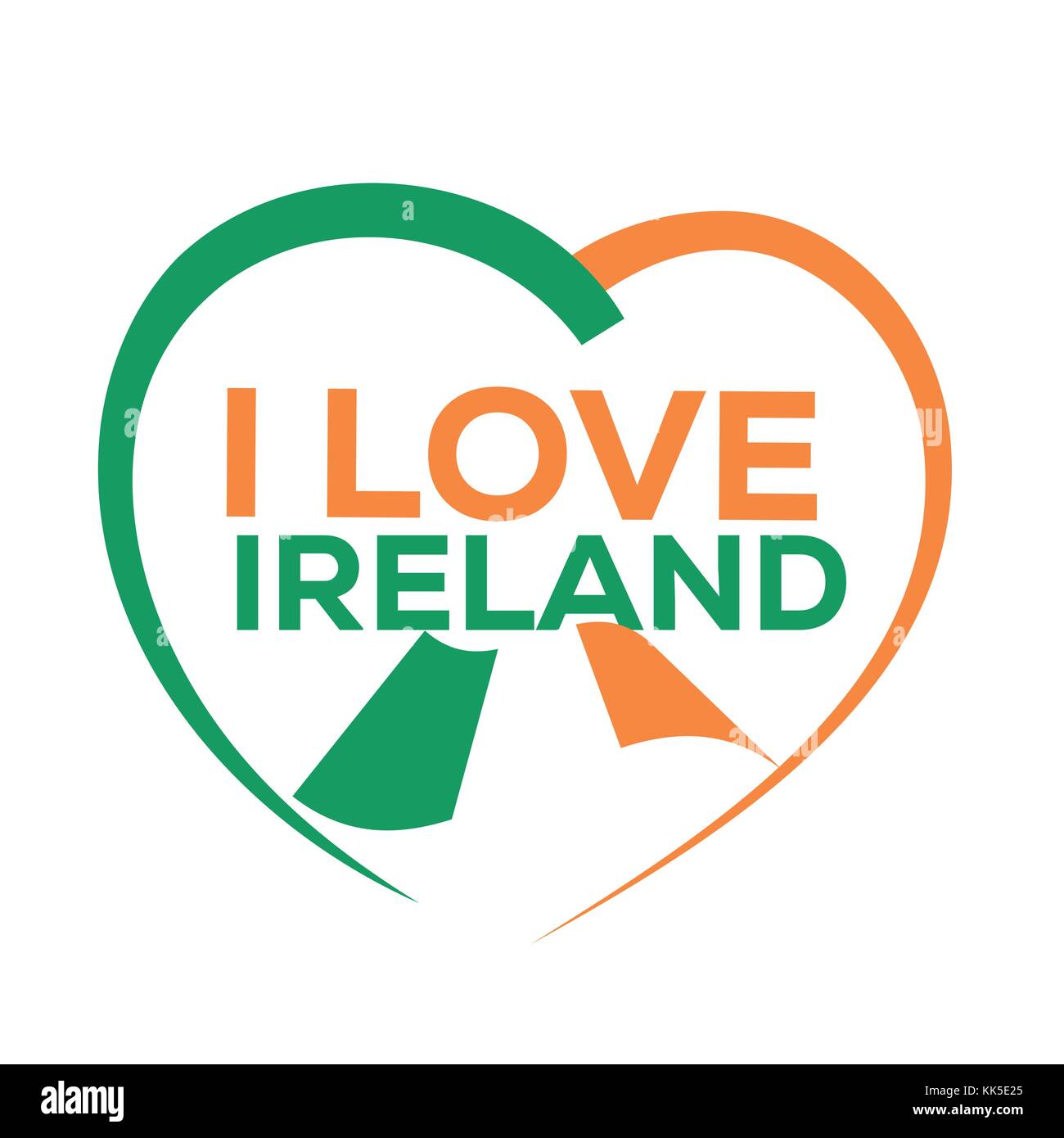 Io amo l'Irlanda con il contorno del cuore e la bandiera dell'Irlanda, icona design, isolati su sfondo bianco. Illustrazione Vettoriale