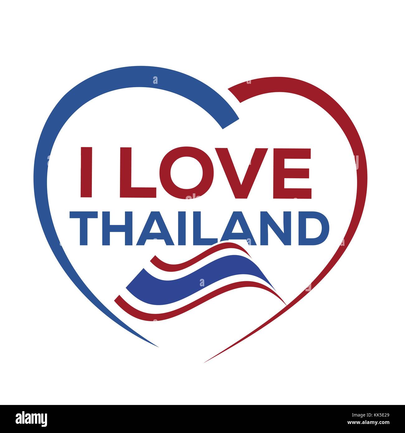 Io amo la Thailandia con contorno di cuore e la bandiera della Thailandia, icona design, isolati su sfondo bianco. Illustrazione Vettoriale