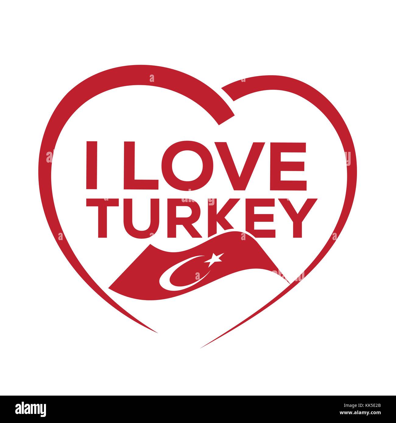 Io amo la Turchia con il contorno del cuore e la bandiera della Turchia, icona design, isolati su sfondo bianco. Illustrazione Vettoriale