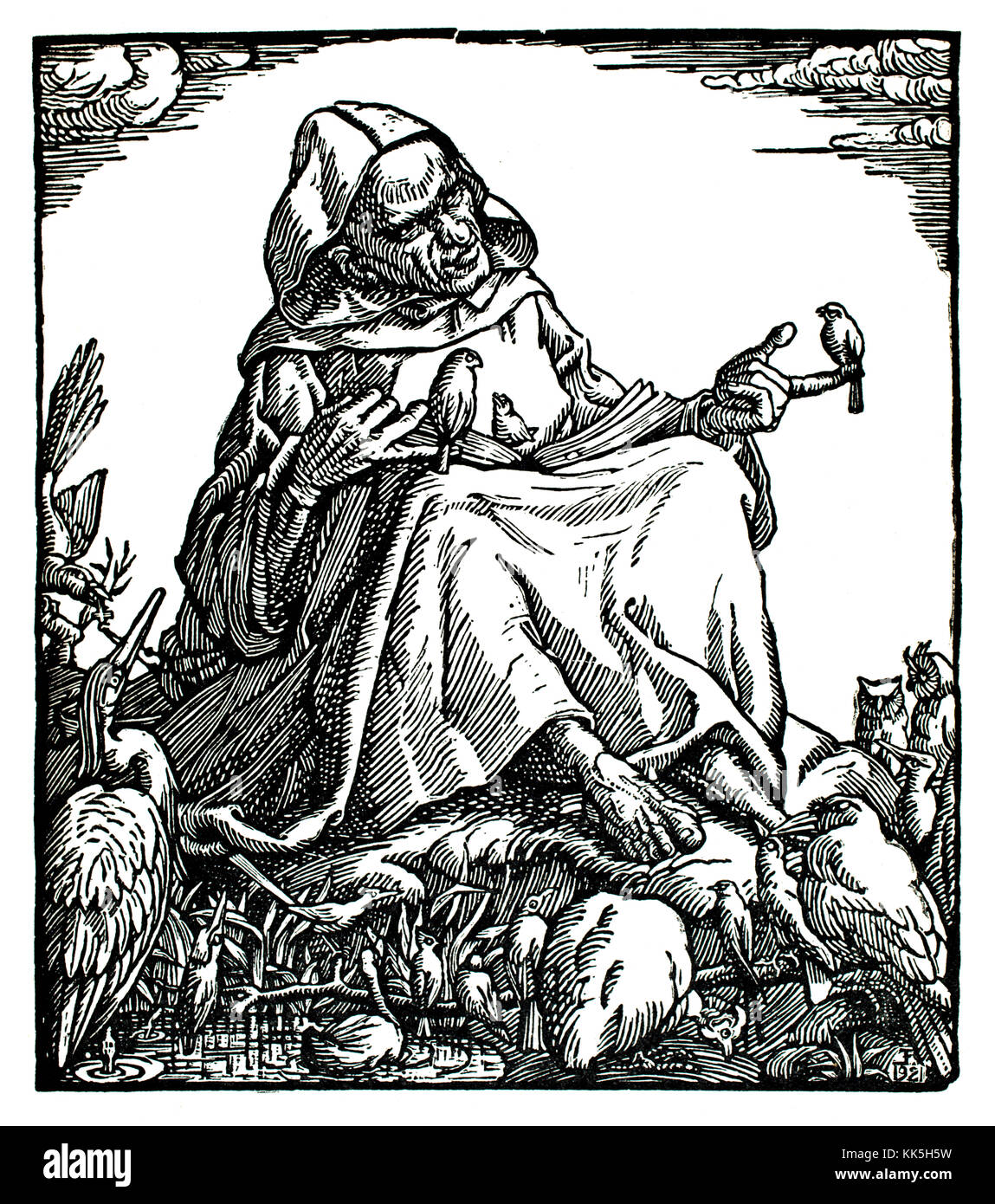 La Predica agli uccelli 1921 xilografia illustrazione dell'artista tedesco Erich Feyerabend Foto Stock