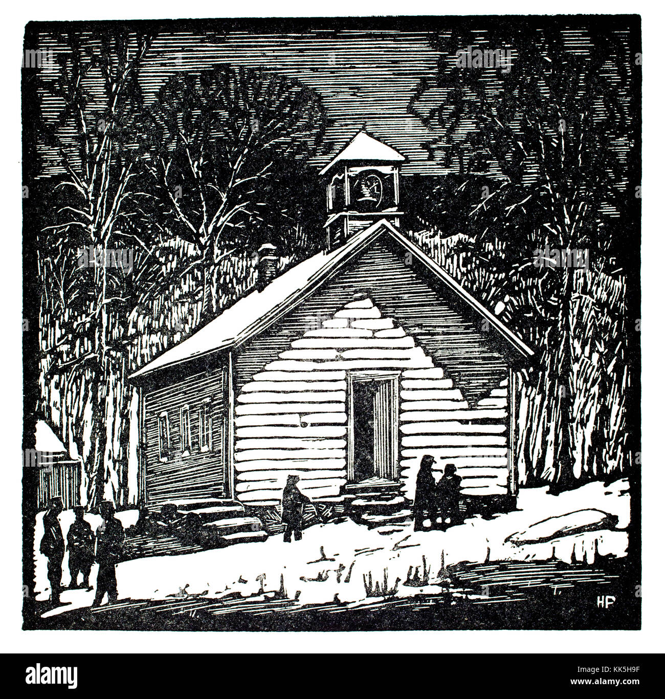 La scuola del distretto, 1920s xilografia illustrazione di artista americano Herbert Pullinger Foto Stock