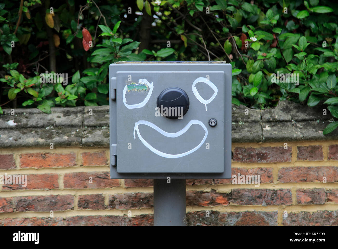 Graffiti divertente volto disegnato su Grey Street mobili box, Oxford, England, Regno Unito Foto Stock
