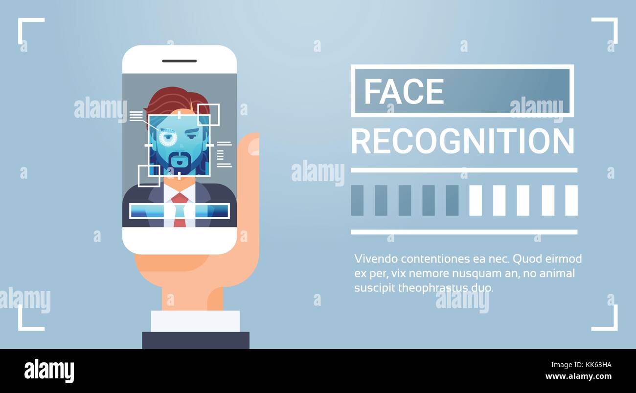 Tenere in mano il telefono intelligente di scansione iris maschio la tecnologia di riconoscimento facciale, banner sistema di identificazione biometrica Illustrazione Vettoriale