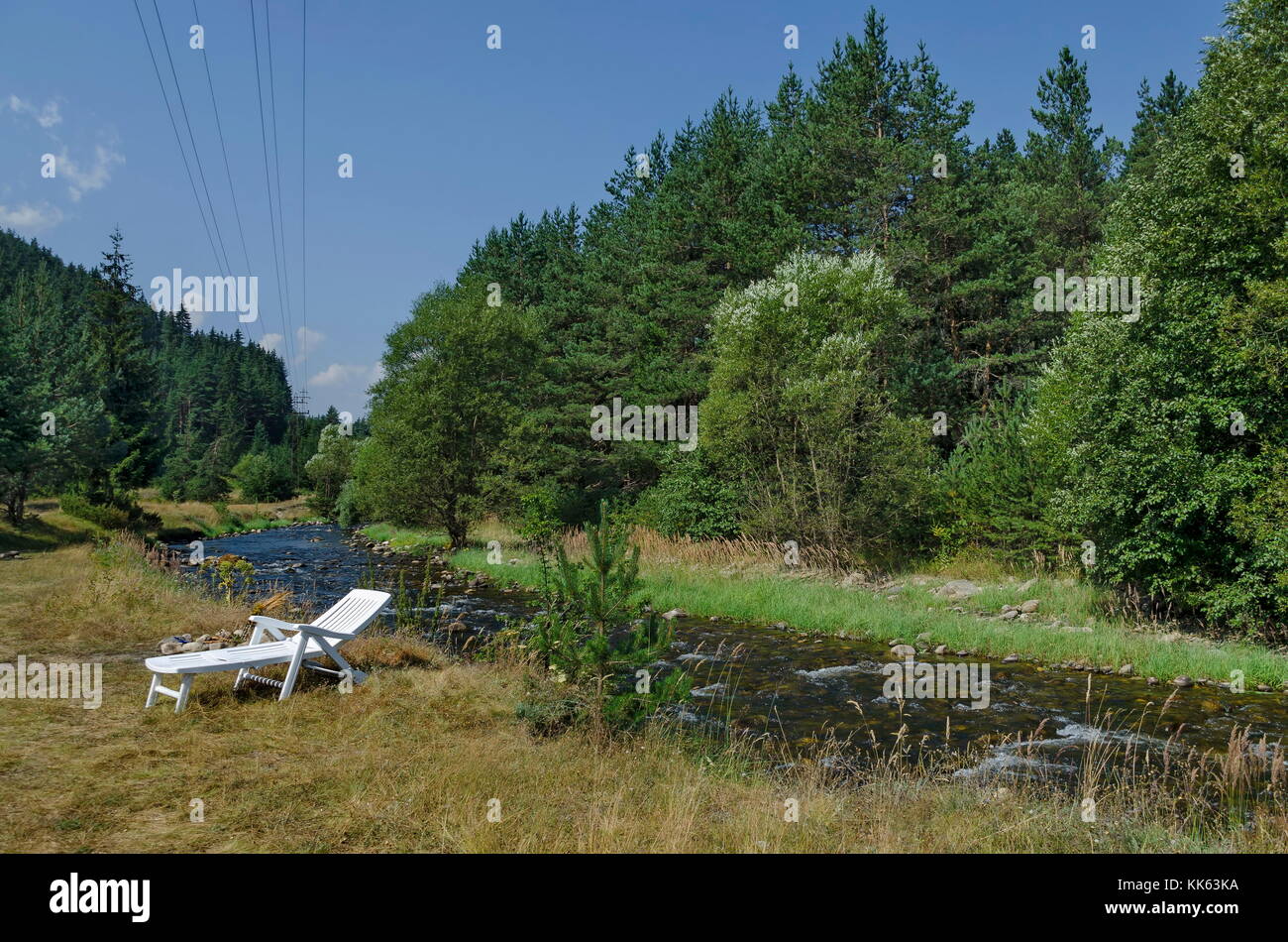 Bellissima vista della foresta autunnale e il fiume iskar in montagna Rila, bulgaria, europa Foto Stock