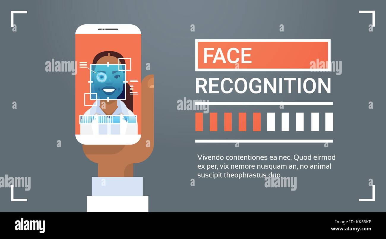 Tenere in mano il telefono smart scanning americano africano iris femmina la tecnologia di riconoscimento facciale, banner sistema di identificazione biometrica Illustrazione Vettoriale