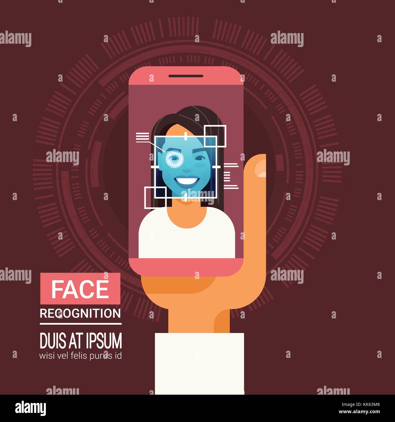 La tecnologia di riconoscimento facciale, smart phone scansione retina degli occhi di donna sistema di identificazione biometrica Illustrazione Vettoriale