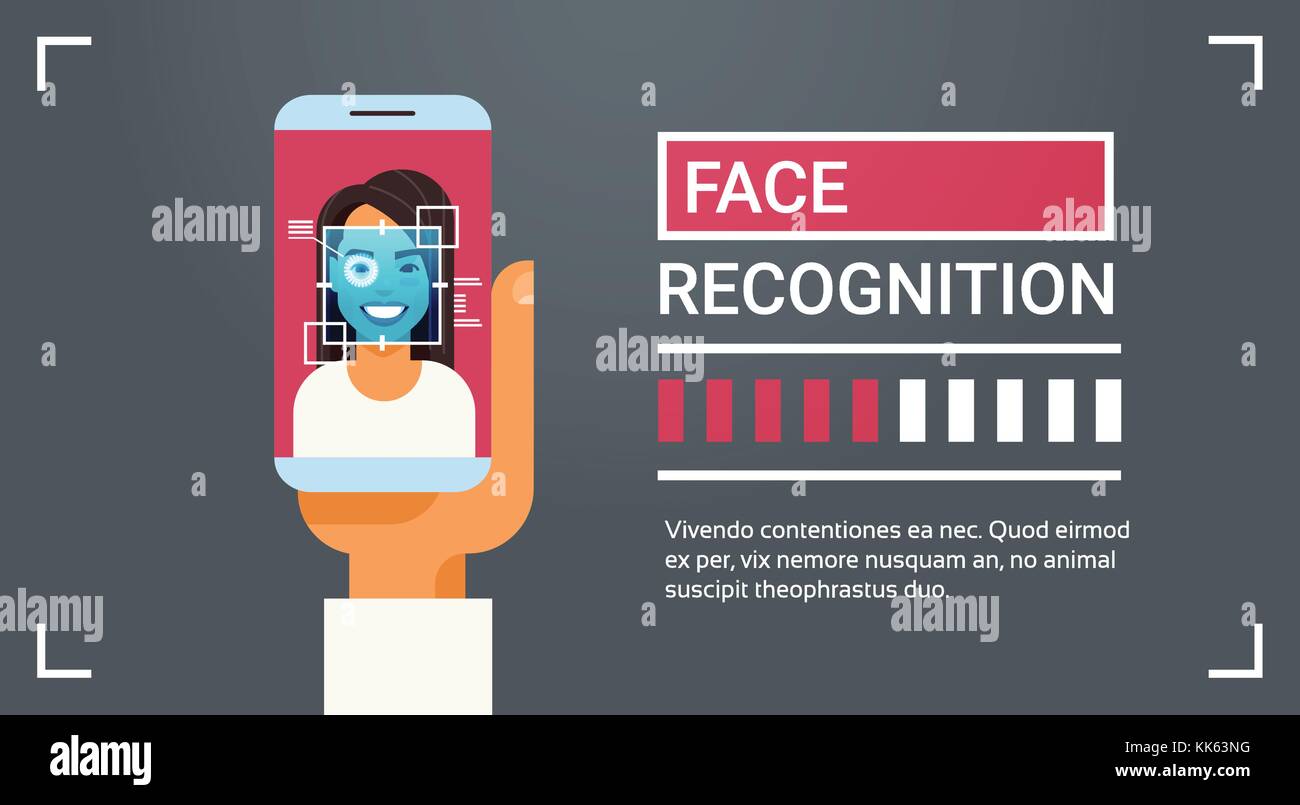 Tenere in mano il telefono intelligente di scansione iris femmina la tecnologia di riconoscimento facciale, banner sistema di identificazione biometrica Illustrazione Vettoriale