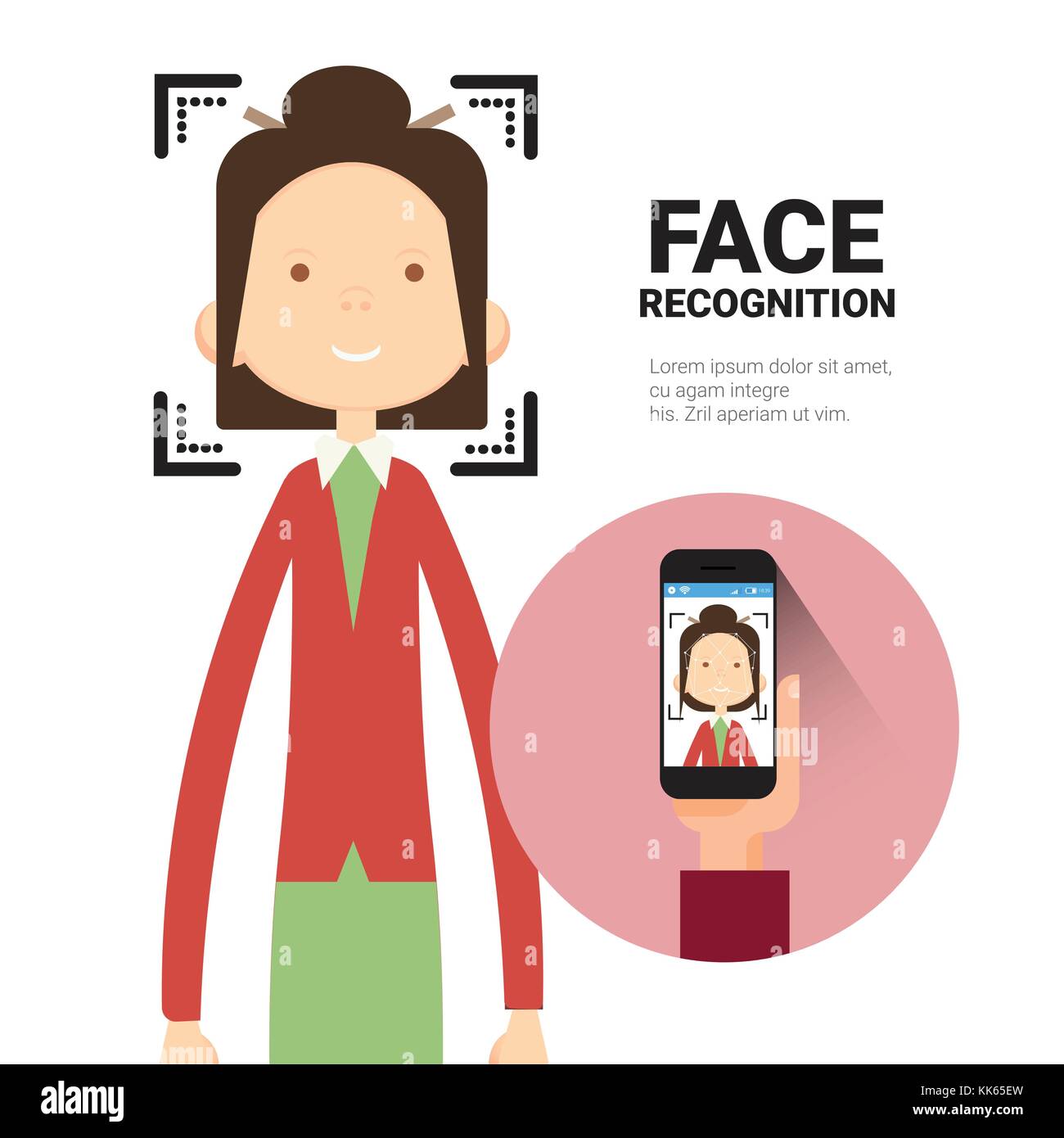 Il riconoscimento del volto mano azienda smart phone la scansione donna moderna identificazione biometrici il concetto di sistema Illustrazione Vettoriale
