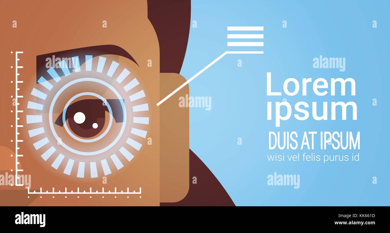 Sistema di riconoscimento facciale di scansione della retina degli occhi di African American donna moderna identificazione biometrica l accesso alla tecnologia il concetto di controllo Illustrazione Vettoriale