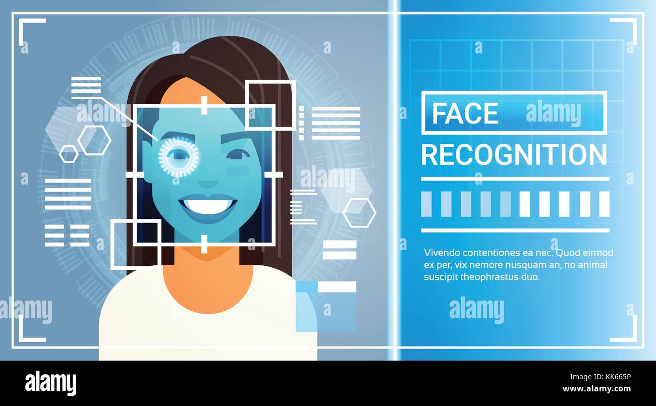 Sistema di riconoscimento facciale occhio la scansione della retina di donna, identificazione biometrica l accesso alla tecnologia il concetto di controllo Illustrazione Vettoriale