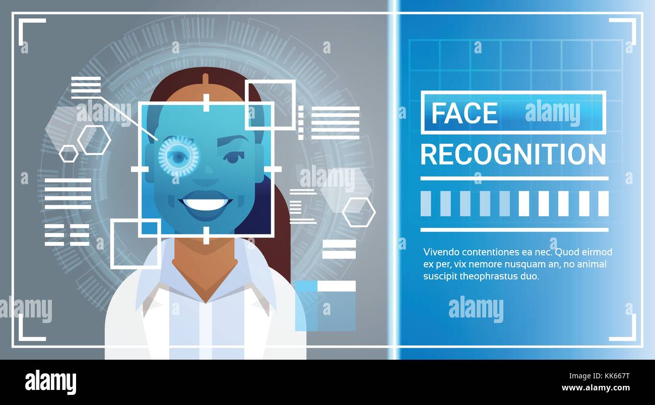 Sistema di riconoscimento facciale occhio la scansione della retina di African American donna, identificazione biometrica l accesso alla tecnologia il concetto di controllo Illustrazione Vettoriale